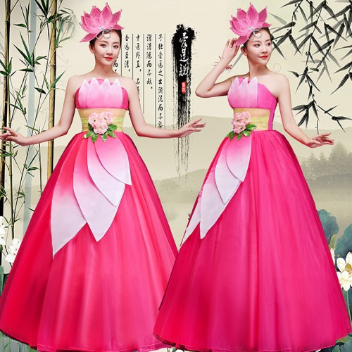 Women's pink flowers chinese folk dance costumes petals opening dance ballroom chorus performance dress